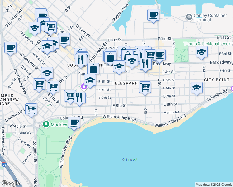 map of restaurants, bars, coffee shops, grocery stores, and more near 145 H Street in Boston
