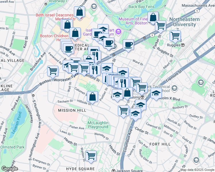 map of restaurants, bars, coffee shops, grocery stores, and more near 1545 Tremont Street in Boston
