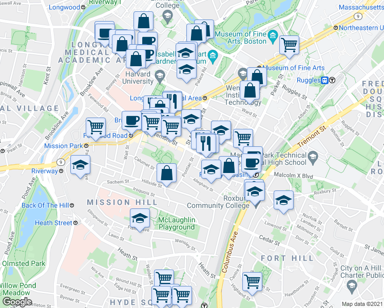 map of restaurants, bars, coffee shops, grocery stores, and more near in Boston