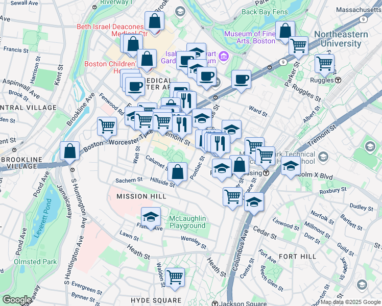 map of restaurants, bars, coffee shops, grocery stores, and more near 1560 Tremont Street in Boston