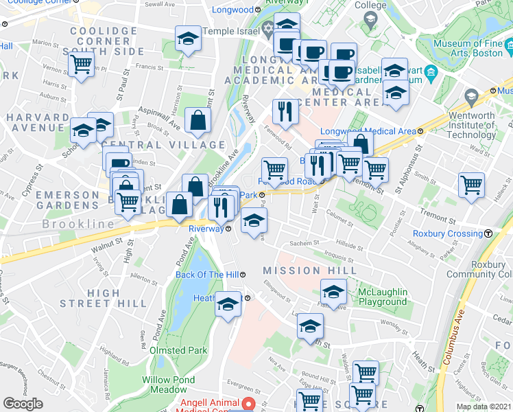 map of restaurants, bars, coffee shops, grocery stores, and more near 852 Huntington Avenue in Boston