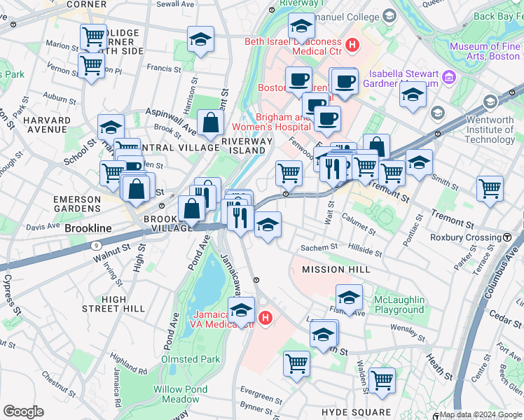 map of restaurants, bars, coffee shops, grocery stores, and more near 852 Huntington Avenue in Boston