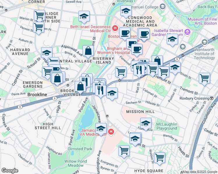 map of restaurants, bars, coffee shops, grocery stores, and more near 852 Huntington Avenue in Boston