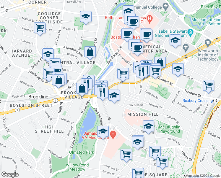 map of restaurants, bars, coffee shops, grocery stores, and more near 852 Huntington Avenue in Boston