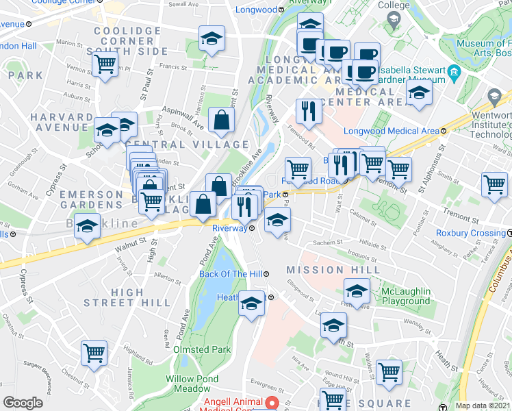 map of restaurants, bars, coffee shops, grocery stores, and more near 382 Riverway in Boston