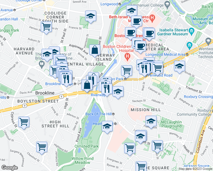 map of restaurants, bars, coffee shops, grocery stores, and more near 382 Riverway in Boston