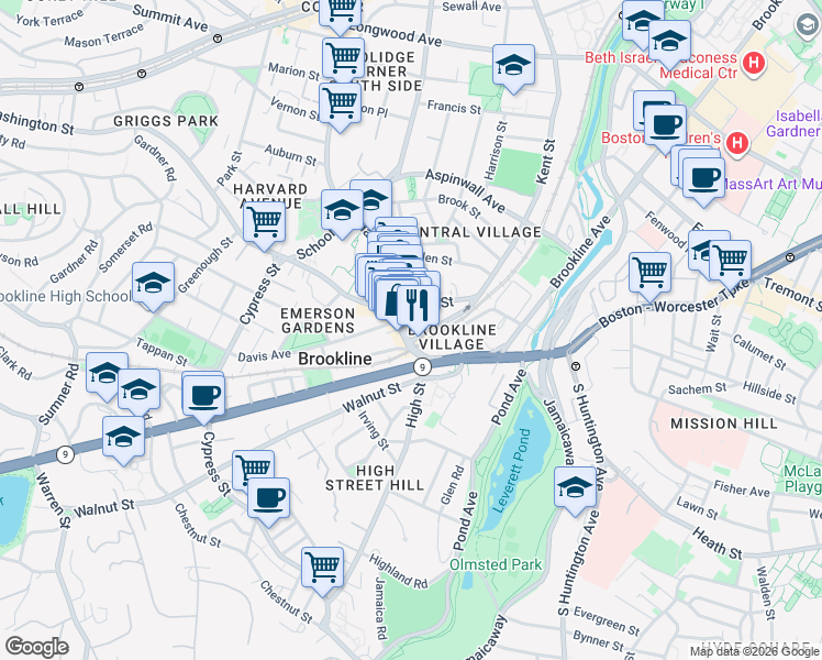 map of restaurants, bars, coffee shops, grocery stores, and more near 4 Station Street in Brookline
