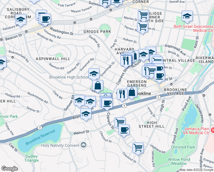 map of restaurants, bars, coffee shops, grocery stores, and more near 185 Davis Avenue in Brookline