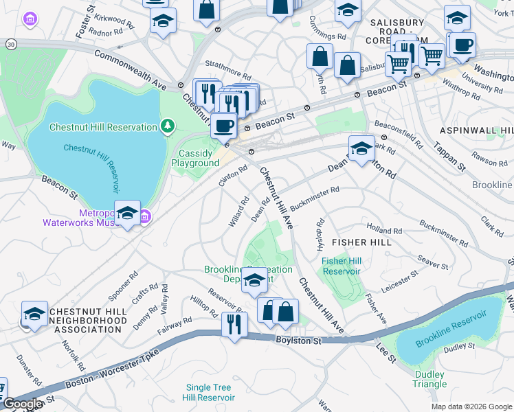 map of restaurants, bars, coffee shops, grocery stores, and more near 207 Dean Road in Brookline