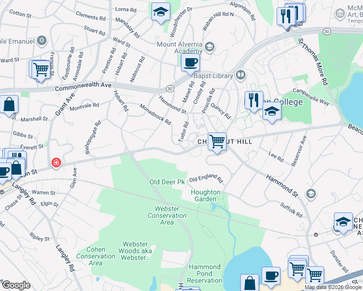 map of restaurants, bars, coffee shops, grocery stores, and more near 40 Tudor Road in Newton