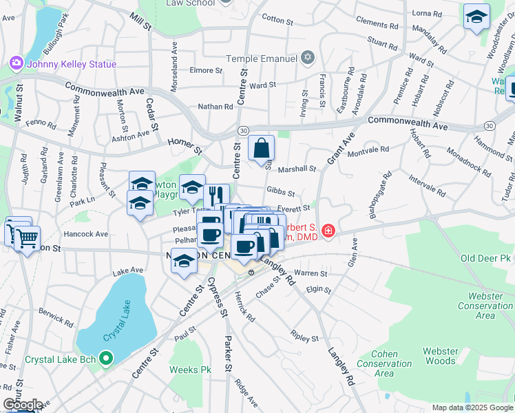 map of restaurants, bars, coffee shops, grocery stores, and more near 148 Sumner Street in Newton