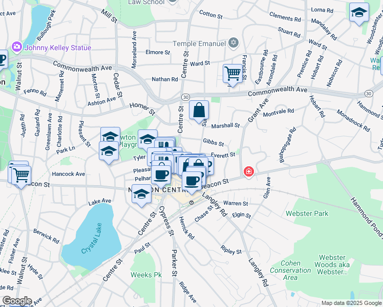 map of restaurants, bars, coffee shops, grocery stores, and more near 14 Willow Street in Newton