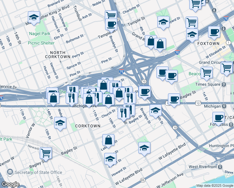 map of restaurants, bars, coffee shops, grocery stores, and more near 1422 Plum Street in Detroit