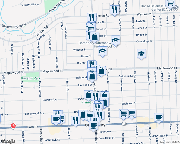 map of restaurants, bars, coffee shops, grocery stores, and more near 29454 Maplewood Street in Garden City