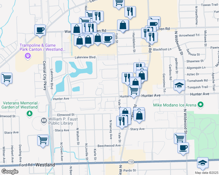 map of restaurants, bars, coffee shops, grocery stores, and more near 6501 Yale Street in Westland