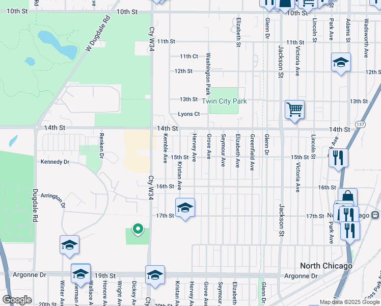 map of restaurants, bars, coffee shops, grocery stores, and more near 1435 Hervey Avenue in North Chicago