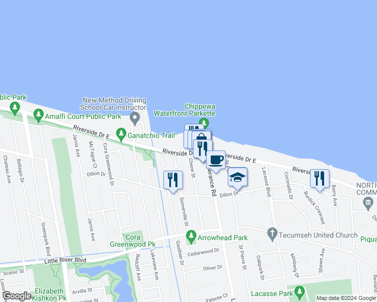 map of restaurants, bars, coffee shops, grocery stores, and more near 12144 Riverside Drive East in Windsor