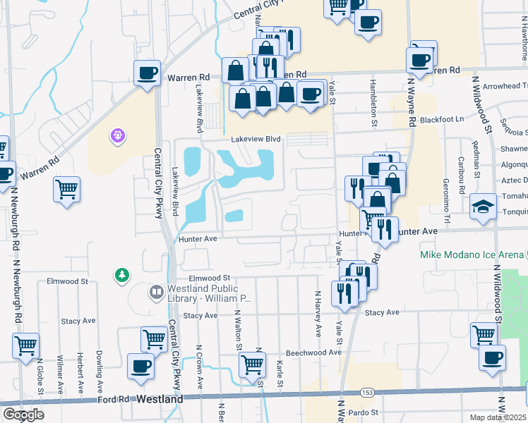 map of restaurants, bars, coffee shops, grocery stores, and more near 35700 Hunter Avenue in Westland