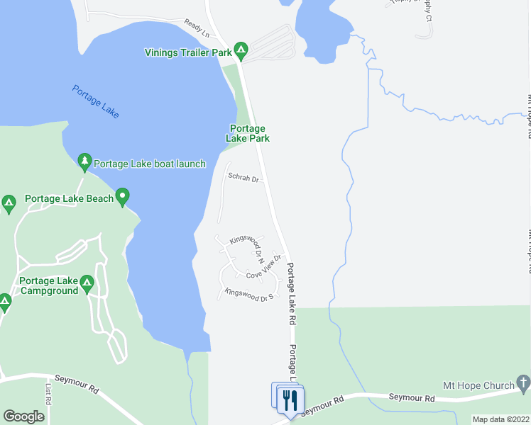 map of restaurants, bars, coffee shops, grocery stores, and more near 6600 Portage Lake Road in Munith