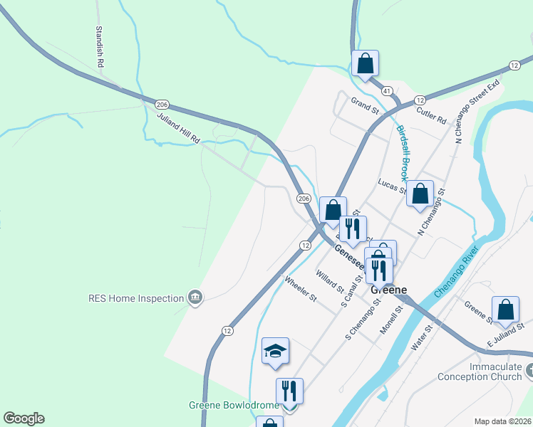 map of restaurants, bars, coffee shops, grocery stores, and more near 10 North Chenango Street in Greene