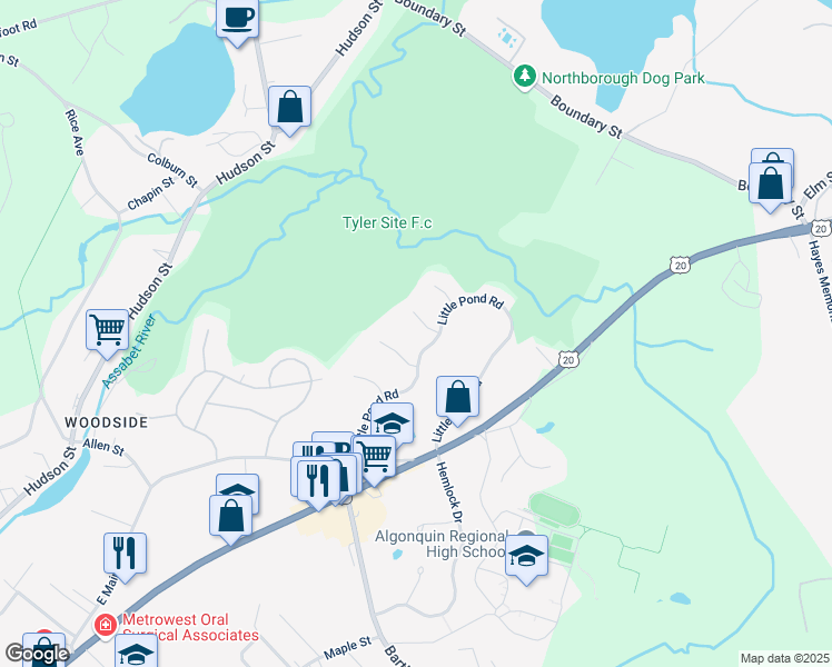 map of restaurants, bars, coffee shops, grocery stores, and more near 9 Milestone Lane in Northborough