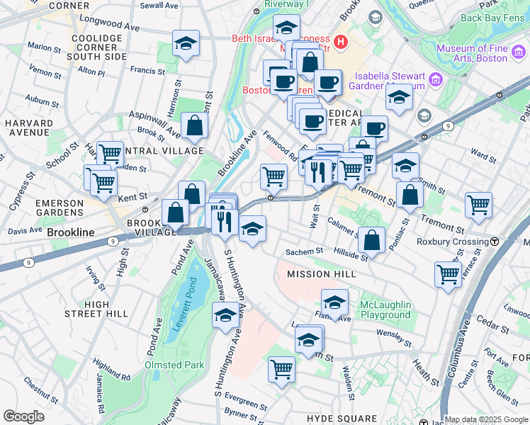 map of restaurants, bars, coffee shops, grocery stores, and more near 14 Parker Hill Avenue in Boston