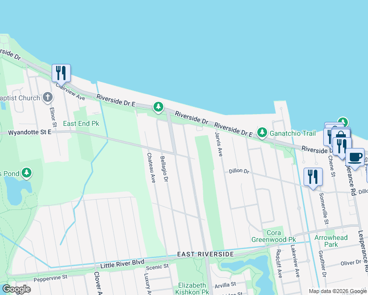 map of restaurants, bars, coffee shops, grocery stores, and more near 562 Banwell Road in Windsor