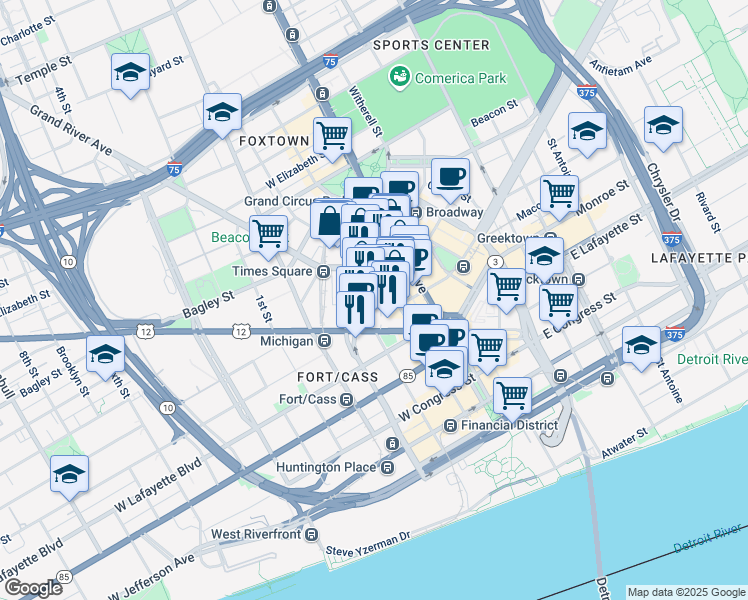 map of restaurants, bars, coffee shops, grocery stores, and more near in Detroit
