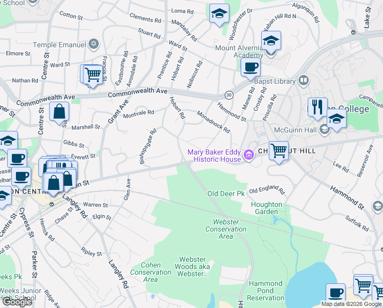 map of restaurants, bars, coffee shops, grocery stores, and more near 515 Beacon Street in Newton