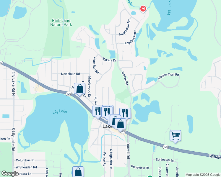 map of restaurants, bars, coffee shops, grocery stores, and more near 332 Hollywood Terrace in Lakemoor