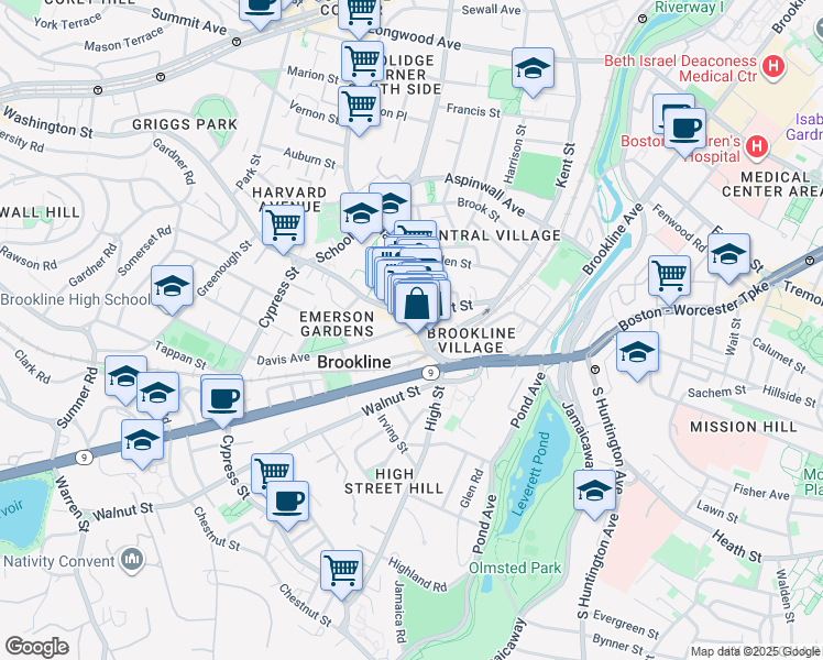 map of restaurants, bars, coffee shops, grocery stores, and more near 4 Davis Avenue in Brookline