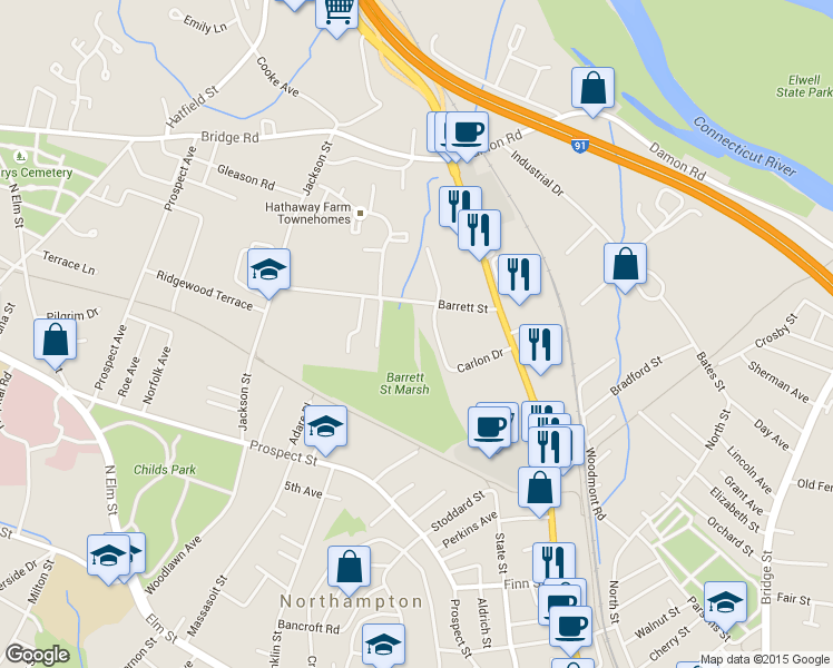 map of restaurants, bars, coffee shops, grocery stores, and more near 40 Barrett Street in Northampton