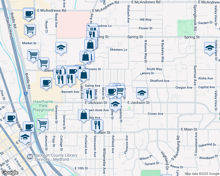 map of restaurants, bars, coffee shops, grocery stores, and more near 1331 Saling Avenue in Medford