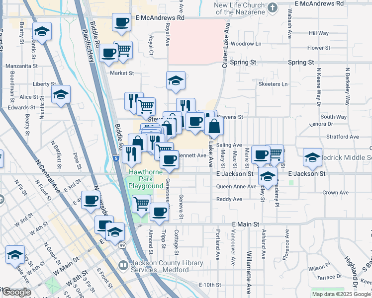 map of restaurants, bars, coffee shops, grocery stores, and more near 721 Bennett Avenue in Medford