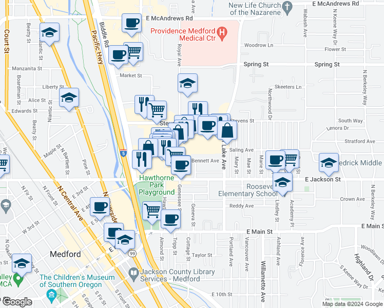 map of restaurants, bars, coffee shops, grocery stores, and more near 721 Bennett Avenue in Medford