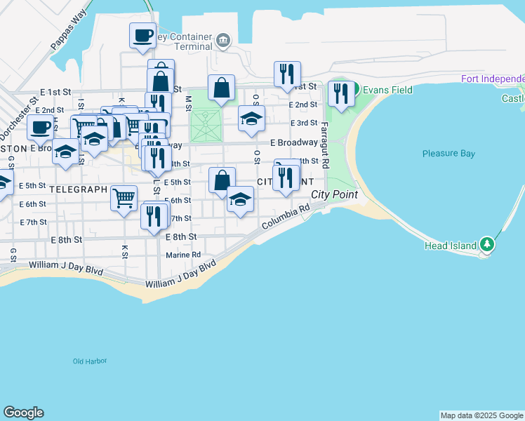 map of restaurants, bars, coffee shops, grocery stores, and more near 1 O Street Place in Boston