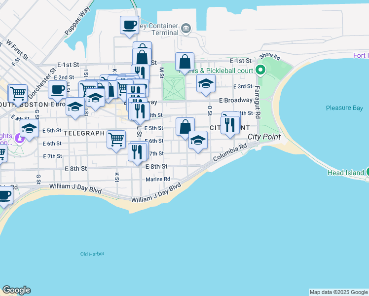 map of restaurants, bars, coffee shops, grocery stores, and more near 741 East 6th Street in Boston