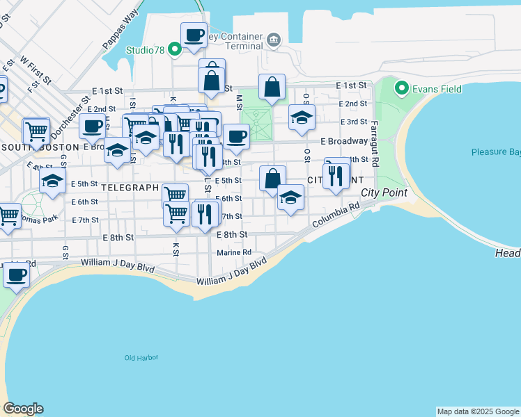map of restaurants, bars, coffee shops, grocery stores, and more near 697 East 6th Street in Boston