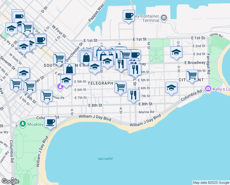map of restaurants, bars, coffee shops, grocery stores, and more near 553 East 6th Street in Boston