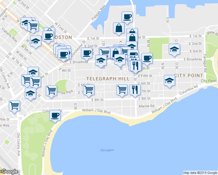 map of restaurants, bars, coffee shops, grocery stores, and more near 553 East 6th Street in Boston
