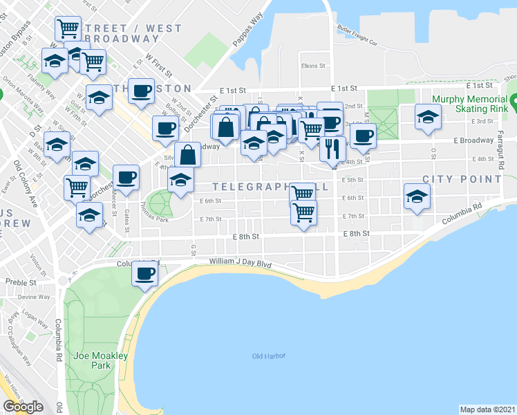 map of restaurants, bars, coffee shops, grocery stores, and more near 151 I Street in Boston