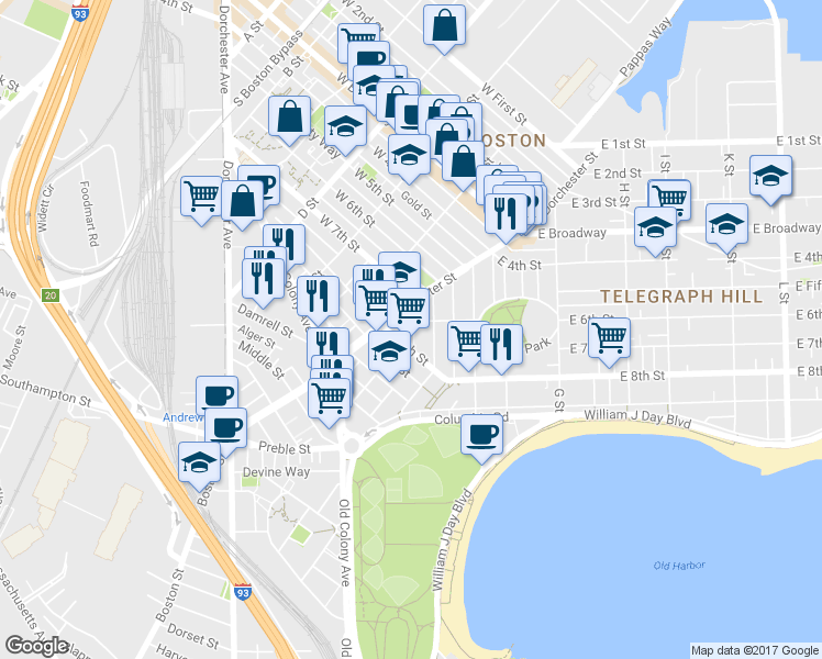 map of restaurants, bars, coffee shops, grocery stores, and more near 2 Telegraph Street in Boston