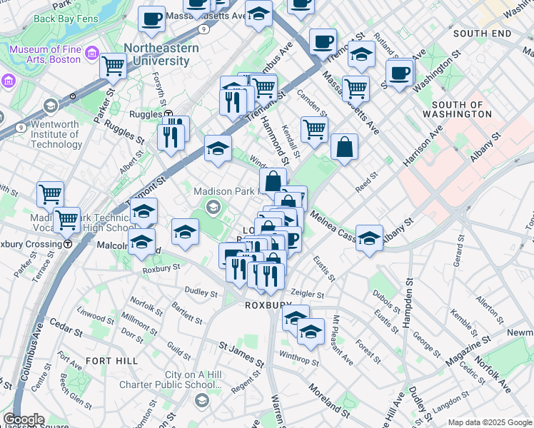 map of restaurants, bars, coffee shops, grocery stores, and more near 723 Shawmut Avenue in Boston