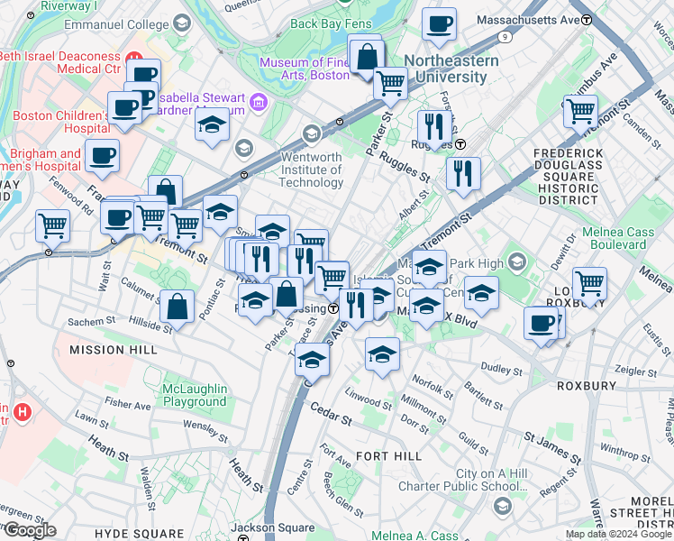 map of restaurants, bars, coffee shops, grocery stores, and more near 639 Gurney Street in Boston