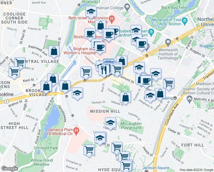 map of restaurants, bars, coffee shops, grocery stores, and more near in Boston