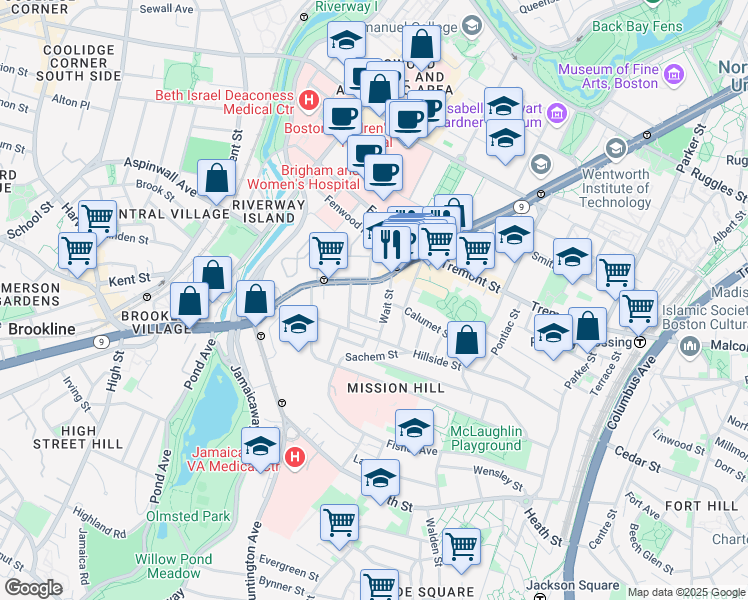 map of restaurants, bars, coffee shops, grocery stores, and more near 800 Huntington Avenue in Boston