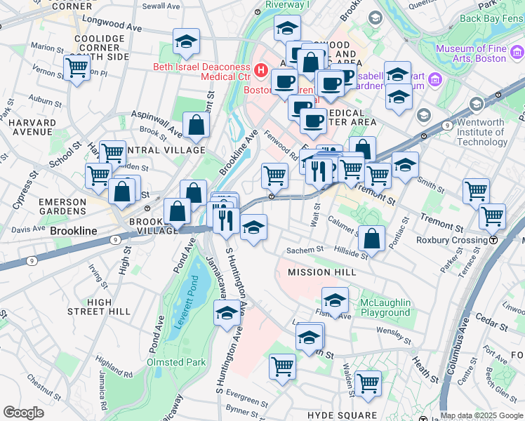 map of restaurants, bars, coffee shops, grocery stores, and more near 2 Shepherd Avenue in Boston