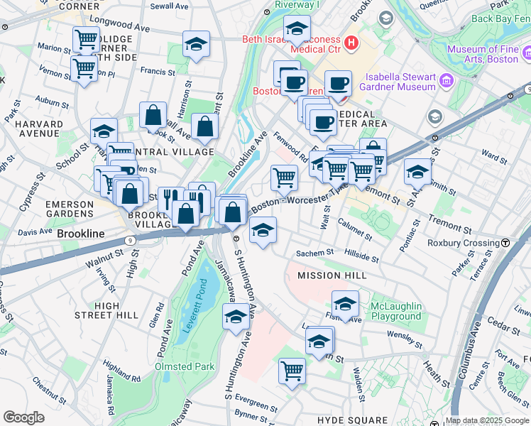 map of restaurants, bars, coffee shops, grocery stores, and more near 852 Huntington Avenue in Boston