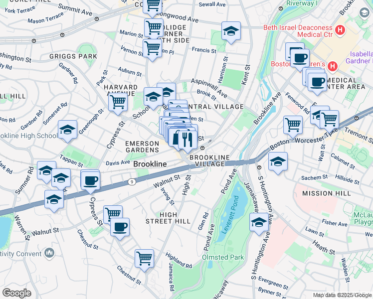 map of restaurants, bars, coffee shops, grocery stores, and more near 4 Station Street in Brookline