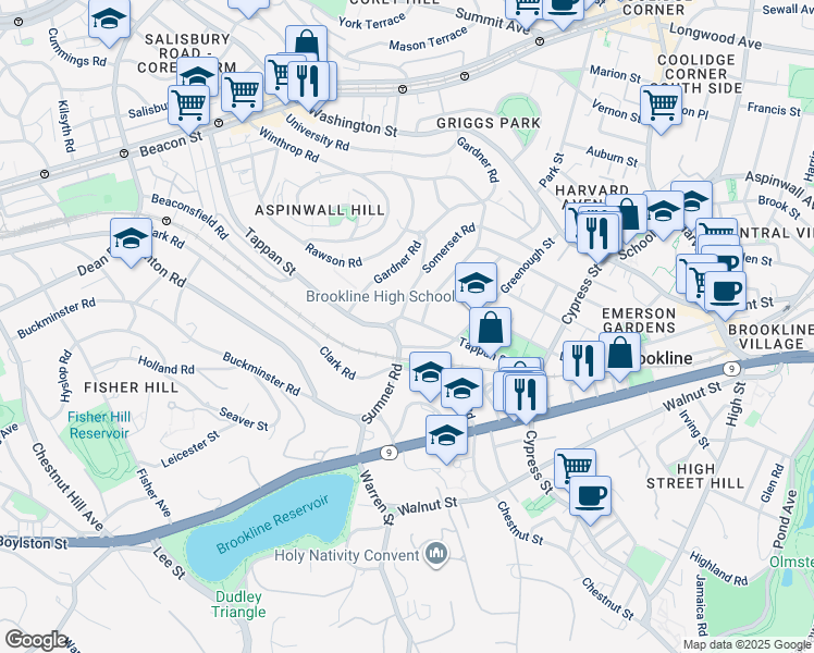 map of restaurants, bars, coffee shops, grocery stores, and more near 125 Blake Road in Brookline
